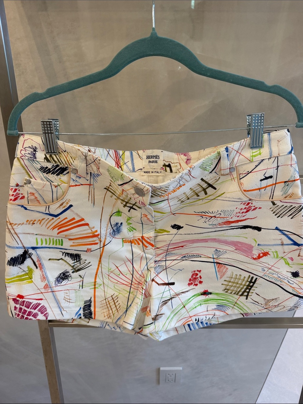 Hermes AUTHENTIC Multicolor Scribble Print Cotton Jean Shorts - White Base